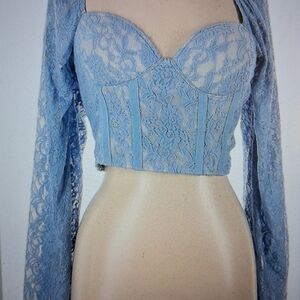 miami Powder Blue Lace Bustier Crop Top with Long Sleeves